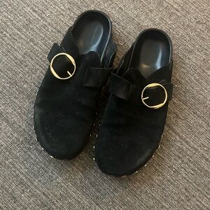 Black Suede ISABEL MARSNT Slip-On Shoes with Gold Buckle